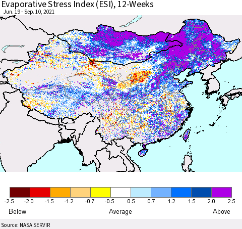 China and Taiwan Evaporative Stress Index 12-Weeks (ESI) Thematic Map For 9/6/2021 - 9/12/2021
