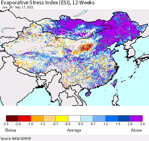 China and Taiwan Evaporative Stress Index 12-Weeks (ESI) Thematic Map For 9/13/2021 - 9/19/2021
