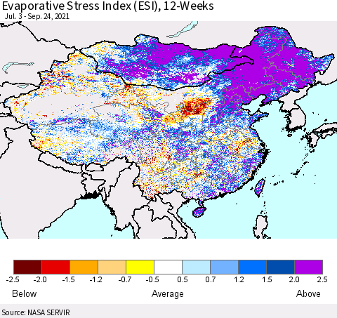 China and Taiwan Evaporative Stress Index 12-Weeks (ESI) Thematic Map For 9/20/2021 - 9/26/2021