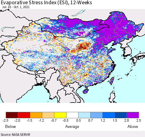 China, Mongolia and Taiwan Evaporative Stress Index (ESI), 12-Weeks Thematic Map For 9/27/2021 - 10/3/2021
