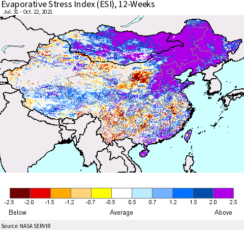 China and Taiwan Evaporative Stress Index 12-Weeks (ESI) Thematic Map For 10/18/2021 - 10/24/2021
