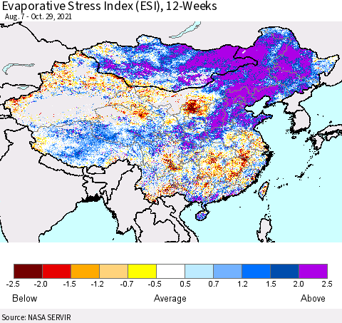 China, Mongolia and Taiwan Evaporative Stress Index (ESI), 12-Weeks Thematic Map For 10/25/2021 - 10/31/2021