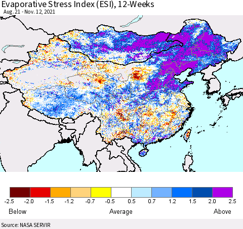 China, Mongolia and Taiwan Evaporative Stress Index (ESI), 12-Weeks Thematic Map For 11/8/2021 - 11/14/2021