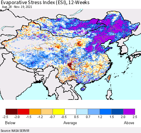 China, Mongolia and Taiwan Evaporative Stress Index (ESI), 12-Weeks Thematic Map For 11/15/2021 - 11/21/2021