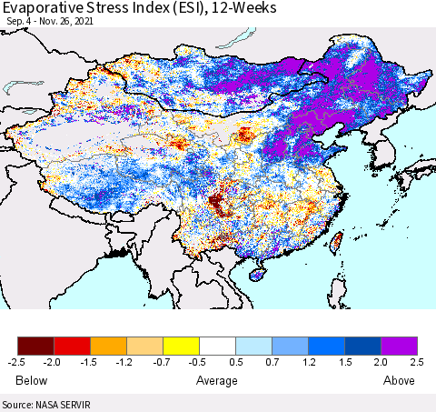 China, Mongolia and Taiwan Evaporative Stress Index (ESI), 12-Weeks Thematic Map For 11/22/2021 - 11/28/2021