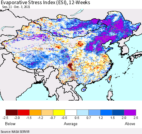 China, Mongolia and Taiwan Evaporative Stress Index (ESI), 12-Weeks Thematic Map For 11/29/2021 - 12/5/2021
