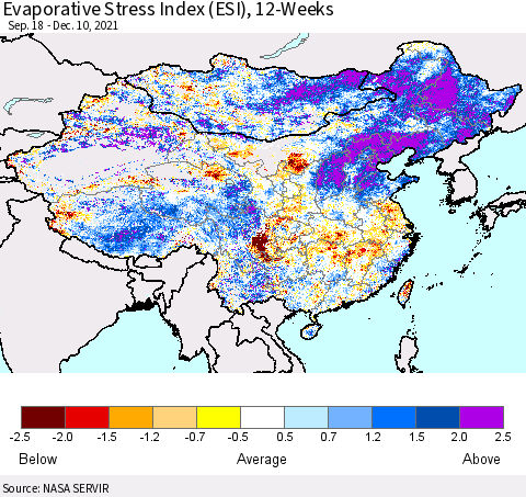 China, Mongolia and Taiwan Evaporative Stress Index (ESI), 12-Weeks Thematic Map For 12/6/2021 - 12/12/2021