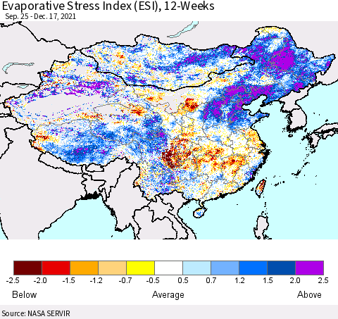 China, Mongolia and Taiwan Evaporative Stress Index (ESI), 12-Weeks Thematic Map For 12/13/2021 - 12/19/2021
