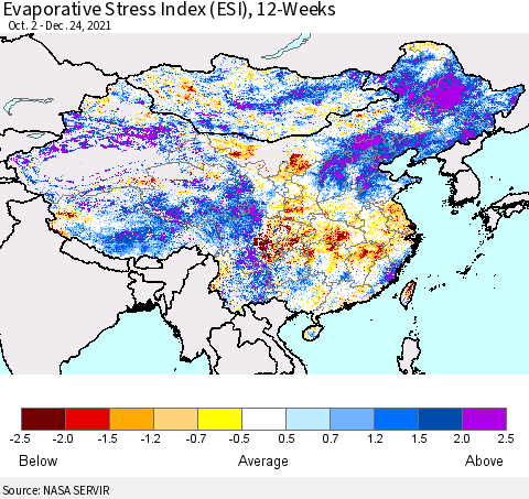 China, Mongolia and Taiwan Evaporative Stress Index (ESI), 12-Weeks Thematic Map For 12/20/2021 - 12/26/2021