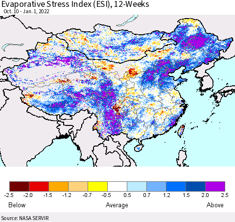 China, Mongolia and Taiwan Evaporative Stress Index (ESI), 12-Weeks Thematic Map For 12/27/2021 - 1/2/2022