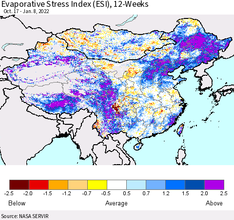 China, Mongolia and Taiwan Evaporative Stress Index (ESI), 12-Weeks Thematic Map For 1/3/2022 - 1/9/2022