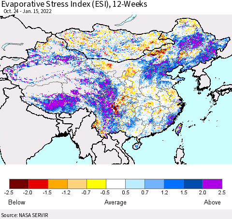 China, Mongolia and Taiwan Evaporative Stress Index (ESI), 12-Weeks Thematic Map For 1/10/2022 - 1/16/2022