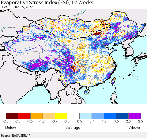 China, Mongolia and Taiwan Evaporative Stress Index (ESI), 12-Weeks Thematic Map For 1/17/2022 - 1/23/2022
