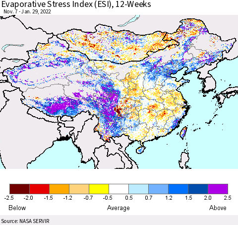 China, Mongolia and Taiwan Evaporative Stress Index (ESI), 12-Weeks Thematic Map For 1/24/2022 - 1/30/2022