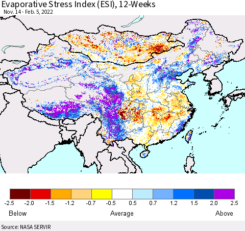 China, Mongolia and Taiwan Evaporative Stress Index (ESI), 12-Weeks Thematic Map For 1/31/2022 - 2/6/2022