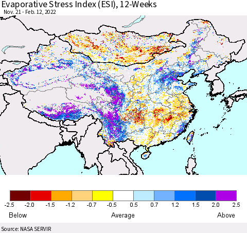 China, Mongolia and Taiwan Evaporative Stress Index (ESI), 12-Weeks Thematic Map For 2/7/2022 - 2/13/2022