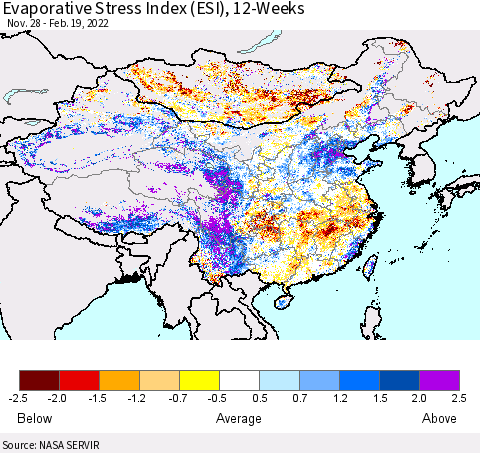 China, Mongolia and Taiwan Evaporative Stress Index (ESI), 12-Weeks Thematic Map For 2/14/2022 - 2/20/2022