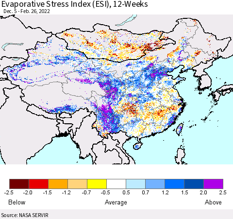 China, Mongolia and Taiwan Evaporative Stress Index (ESI), 12-Weeks Thematic Map For 2/21/2022 - 2/27/2022