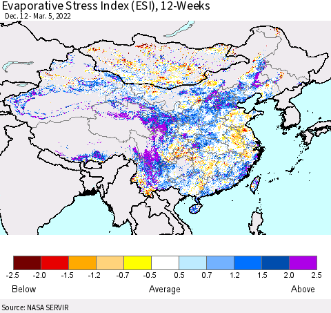China, Mongolia and Taiwan Evaporative Stress Index (ESI), 12-Weeks Thematic Map For 2/28/2022 - 3/6/2022