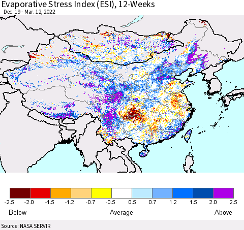 China, Mongolia and Taiwan Evaporative Stress Index (ESI), 12-Weeks Thematic Map For 3/7/2022 - 3/13/2022