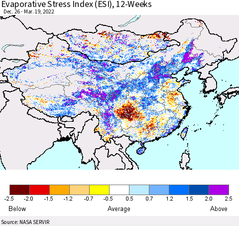 China, Mongolia and Taiwan Evaporative Stress Index (ESI), 12-Weeks Thematic Map For 3/14/2022 - 3/20/2022