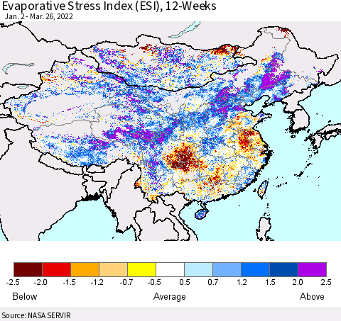 China, Mongolia and Taiwan Evaporative Stress Index (ESI), 12-Weeks Thematic Map For 3/21/2022 - 3/27/2022