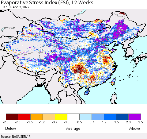 China, Mongolia and Taiwan Evaporative Stress Index (ESI), 12-Weeks Thematic Map For 3/28/2022 - 4/3/2022