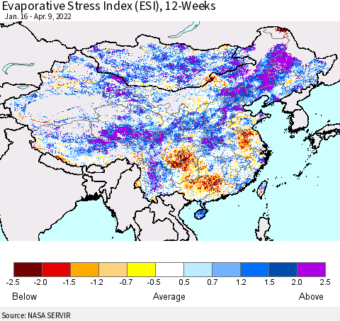 China, Mongolia and Taiwan Evaporative Stress Index (ESI), 12-Weeks Thematic Map For 4/4/2022 - 4/10/2022