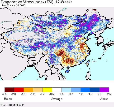 China, Mongolia and Taiwan Evaporative Stress Index (ESI), 12-Weeks Thematic Map For 4/11/2022 - 4/17/2022