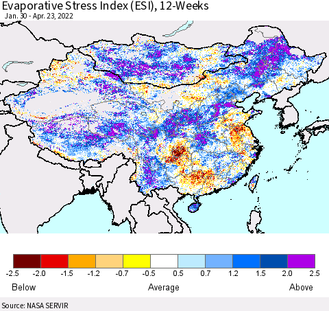 China, Mongolia and Taiwan Evaporative Stress Index (ESI), 12-Weeks Thematic Map For 4/18/2022 - 4/24/2022