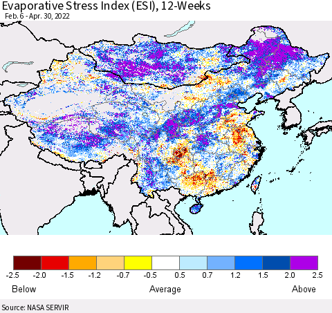 China, Mongolia and Taiwan Evaporative Stress Index (ESI), 12-Weeks Thematic Map For 4/25/2022 - 5/1/2022