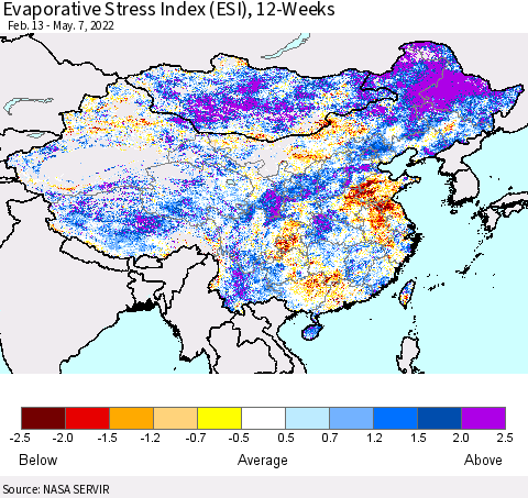 China, Mongolia and Taiwan Evaporative Stress Index (ESI), 12-Weeks Thematic Map For 5/2/2022 - 5/8/2022