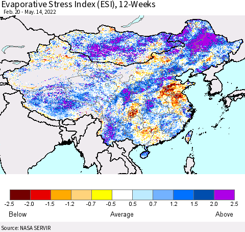 China, Mongolia and Taiwan Evaporative Stress Index (ESI), 12-Weeks Thematic Map For 5/9/2022 - 5/15/2022