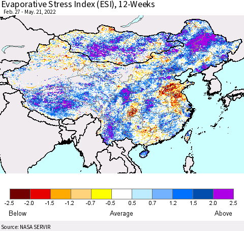 China, Mongolia and Taiwan Evaporative Stress Index (ESI), 12-Weeks Thematic Map For 5/16/2022 - 5/22/2022