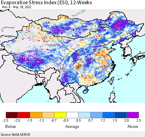 China, Mongolia and Taiwan Evaporative Stress Index (ESI), 12-Weeks Thematic Map For 5/23/2022 - 5/29/2022