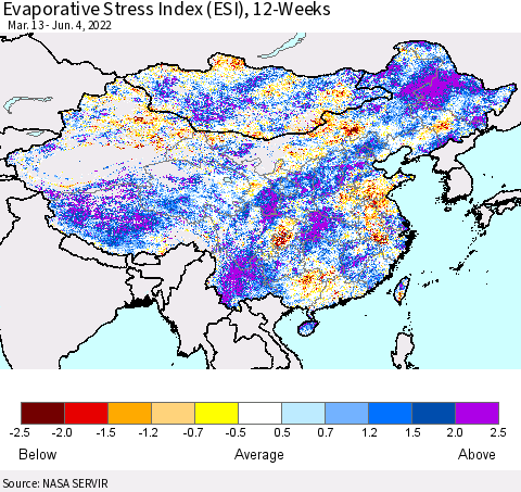 China, Mongolia and Taiwan Evaporative Stress Index (ESI), 12-Weeks Thematic Map For 5/30/2022 - 6/5/2022