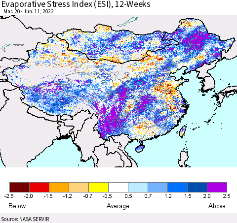 China, Mongolia and Taiwan Evaporative Stress Index (ESI), 12-Weeks Thematic Map For 6/6/2022 - 6/12/2022