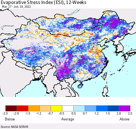 China, Mongolia and Taiwan Evaporative Stress Index (ESI), 12-Weeks Thematic Map For 6/13/2022 - 6/19/2022