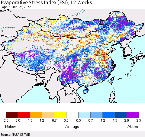 China, Mongolia and Taiwan Evaporative Stress Index (ESI), 12-Weeks Thematic Map For 6/20/2022 - 6/26/2022