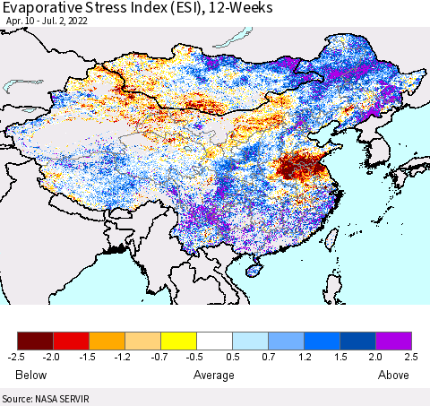 China, Mongolia and Taiwan Evaporative Stress Index (ESI), 12-Weeks Thematic Map For 6/27/2022 - 7/3/2022