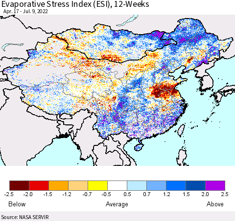 China, Mongolia and Taiwan Evaporative Stress Index (ESI), 12-Weeks Thematic Map For 7/4/2022 - 7/10/2022