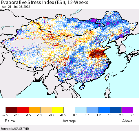 China, Mongolia and Taiwan Evaporative Stress Index (ESI), 12-Weeks Thematic Map For 7/11/2022 - 7/17/2022