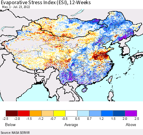 China, Mongolia and Taiwan Evaporative Stress Index (ESI), 12-Weeks Thematic Map For 7/18/2022 - 7/24/2022