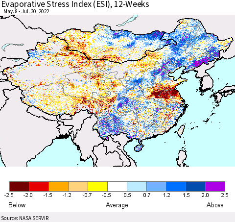 China, Mongolia and Taiwan Evaporative Stress Index (ESI), 12-Weeks Thematic Map For 7/25/2022 - 7/31/2022