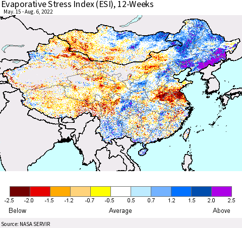 China, Mongolia and Taiwan Evaporative Stress Index (ESI), 12-Weeks Thematic Map For 8/1/2022 - 8/7/2022
