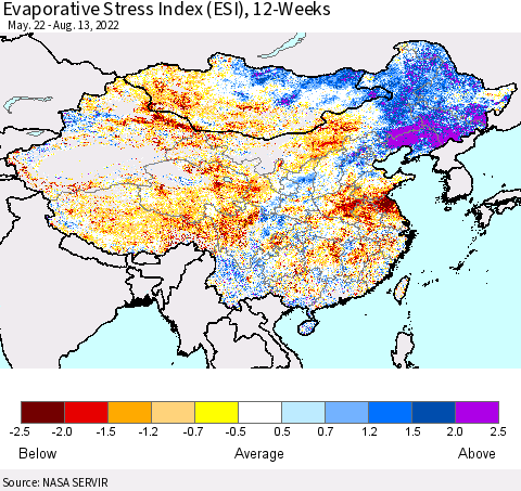 China, Mongolia and Taiwan Evaporative Stress Index (ESI), 12-Weeks Thematic Map For 8/8/2022 - 8/14/2022