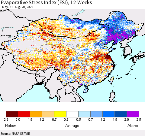 China, Mongolia and Taiwan Evaporative Stress Index (ESI), 12-Weeks Thematic Map For 8/15/2022 - 8/21/2022