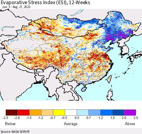 China, Mongolia and Taiwan Evaporative Stress Index (ESI), 12-Weeks Thematic Map For 8/22/2022 - 8/28/2022