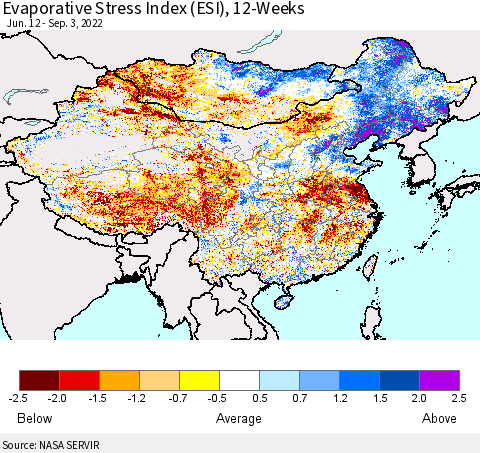 China, Mongolia and Taiwan Evaporative Stress Index (ESI), 12-Weeks Thematic Map For 8/29/2022 - 9/4/2022