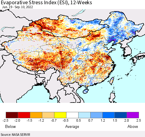 China, Mongolia and Taiwan Evaporative Stress Index (ESI), 12-Weeks Thematic Map For 9/5/2022 - 9/11/2022